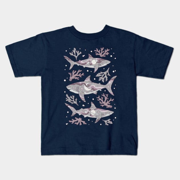 Midnight Swim | Space Shark Art | Purple Haze Palette Kids T-Shirt by OMEGAFAUNA